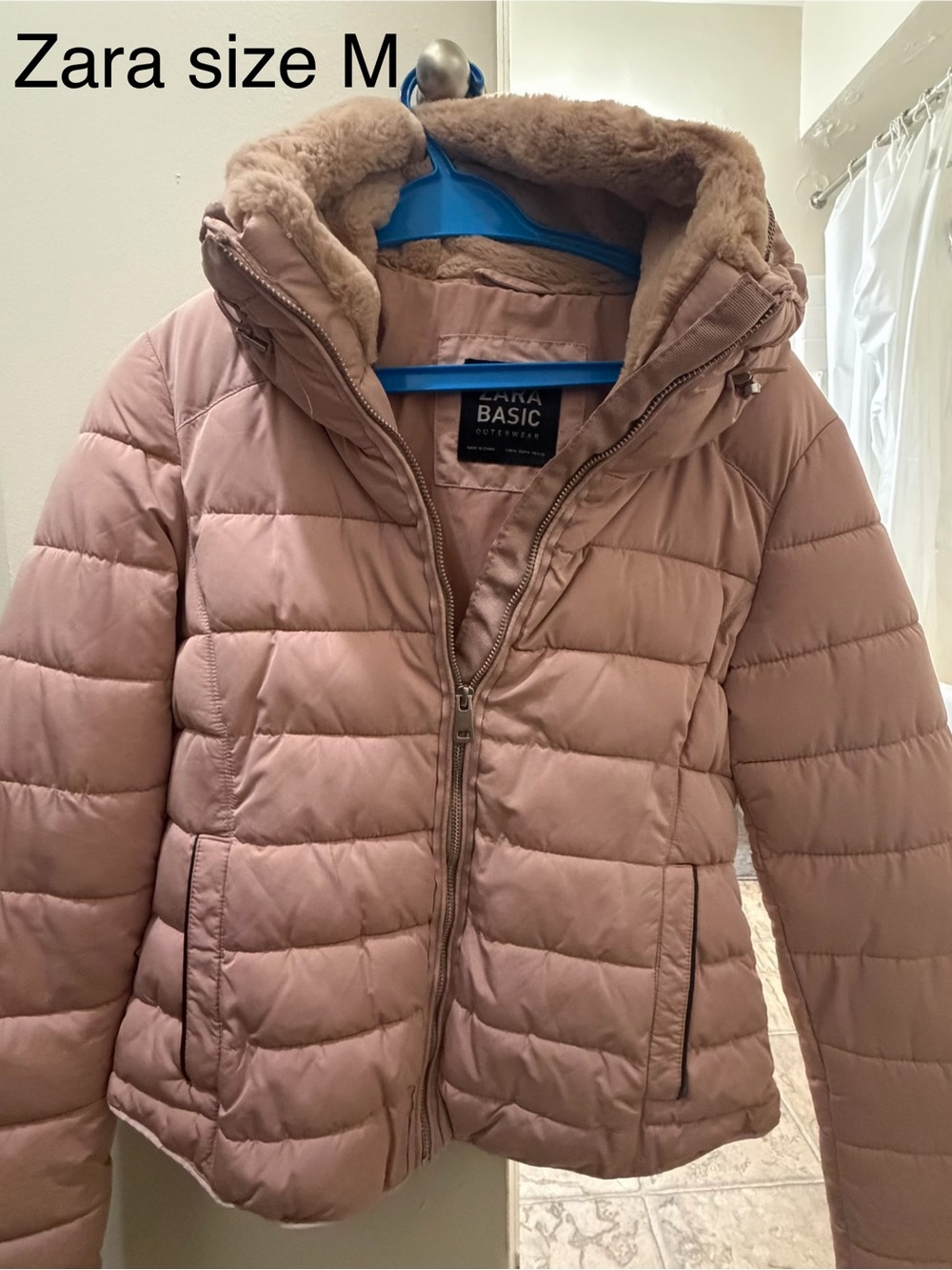Zara Girls Blush Pink Quilted Puffer Jacket with Faux Fur Hood